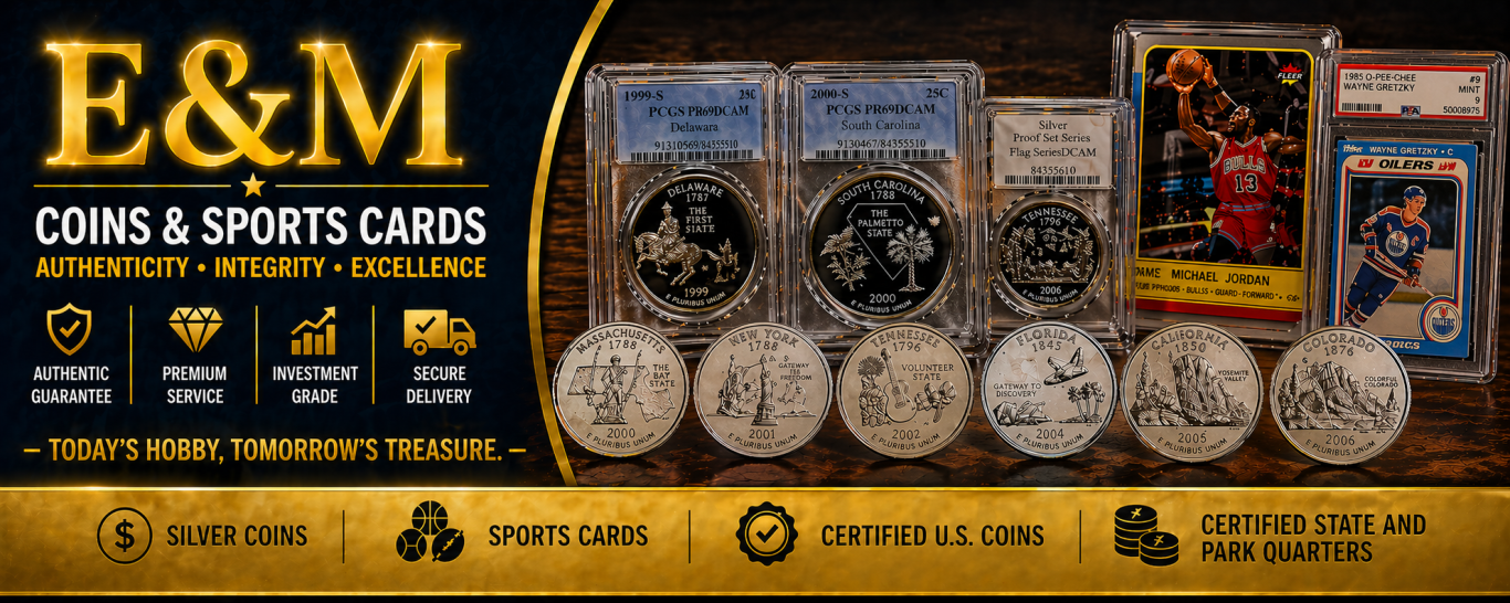 Welcome to E&M Coins & Sports Cards. Our collection includes certified U.S. coins such as Morgan silver dollars and Franklin half dollars, along with graded and raw sports car